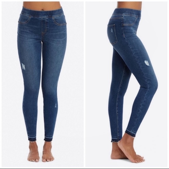 SPANX Denim - Spanx Distressed Ankle Elastic Stretch Waist Skinny Blue Jeans Jeggings Small